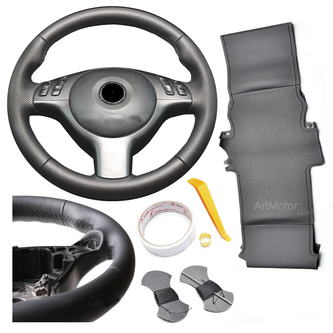 Funda de volante a medida para Bmw X3 E83 cuero negro liso perforado